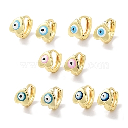 Real 18K Gold Plated Brass Enamel Evil Eye Heart Hoop Earrings for Women, Mixed Color, 10.5x7.5mm(EJEW-L269-120G)