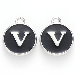 Platinum Plated Alloy Charms, Cadmium Free & Lead Free, with Enamel, Enamelled Sequins, Flat Round with Letter, Letter.V, 14x12x2mm, Hole: 1.5mm(ENAM-S118-02V-P)