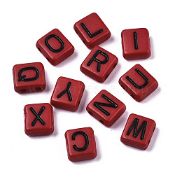 Opaque Acrylic Multi-Strand Links, for Tile Elastic Bracelets Making, Rectangle with Black Letter, Mixed Letters, Red, 8x8x4mm, Hole: 1.6mm(X-MACR-N008-34A)