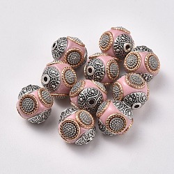 Handmade Indonesia Beads, with Alloy Cores, Round, Antique Silver & Light Gold, Pink, 14~16x14~16mm, Hole: 1.5mm(IPDL-R397-29)