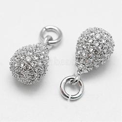 Brass Micro Pave Cubic Zirconia Charms, teardrop, Cadmium Free & Lead Free & Nickel Free, Platinum, 13x7.9mm, Hole: 3mm(ZIRC-F036-02P-NR)