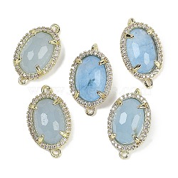 Dyed Natural White Jade Faceted Oval Links, Rack Plating Brass Micro Pave Clear Cubic Zirconia Connector Charms, Golden, Light Blue, 21x12.5x5mm, Hole: 1.6mm and 1.4mm(G-B126-07G-01)