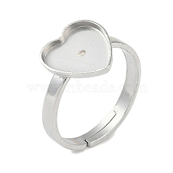 Non-Tarnish 304 Stainless Steel Adjustable Ring Components, Bezel Cup Ring Settings, Heart, Stainless Steel Color, Inner Diameter: 17mm, Tray: 10x10mm(STAS-Z064-05P-02)