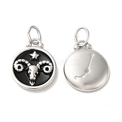 304 Stainless Steel Enamel Pendants, with Jump Ring, Flat Round with Constellation, Stainless Steel Color, Aries, 20.5x17x2.5~3.5mm, Hole: 4x6mm(STAS-A080-43P-03)