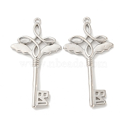 Brass Pendants, Long-Lasting Plated, Key, Platinum, 39x21x3mm, Hole: 1.5mm(KK-P250-15P)