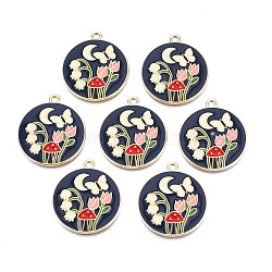 Alloy Enamel Pendants, Cadmium Free & Nickel Free & Lead Free, Light Gold, Flat Round with Tulip, Prussian Blue, 28x25x3mm, Hole: 1.8mm(X-ENAM-N055-113B)