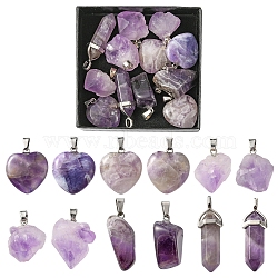 12Pcs 4 Styles Natural Amethyst Pendants, with Platinum Tone Brass Findings, Nuggets & Faceted Bullet & Heart, 15~40x10~20x5~16mm, Hole: 3~7mm(G-FS0005-62)