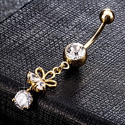 Brass Cubic Zirconia Navel Ring, Belly Rings, with 304 Stainless Steel Bar, Cadmium Free & Lead Free, Real 18K Gold Plated, Flower, Clear, 46x9mm, Bar Length: 3/8"(10mm), Bar: 14 Gauge(1.6mm)(AJEW-EE0004-03A)