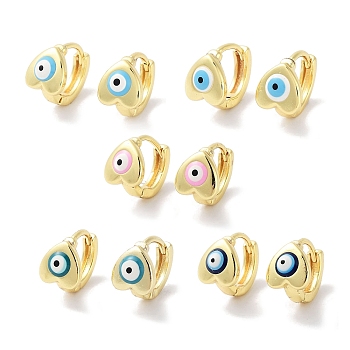 Real 18K Gold Plated Brass Enamel Evil Eye Heart Hoop Earrings for Women, Mixed Color, 10.5x7.5mm