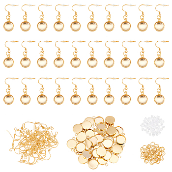 DIY Flat Round Drop Earring Making Kit, Including 304 Stainless Steel Earring Hooks & Pendant Cabochon Settings & Jump Rings, Glass Cabochons, Plastic Ear Nuts, Golden, 270pcs/box