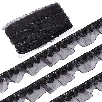 Chinlon Pleated Lace Trim, with Sequin, for Sewing, Gift Package Wrapping, Floral Designing, Black, 1-1/8 inch(30mm), about 12.03 Yards(11m)/Card
