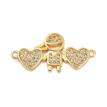 Brass Micro Pave Clear Cubic Zirconia Links Connectors, Boy with Heart, Real 18K Gold Plated, 14x29x2mm, Hole: 1.2mm