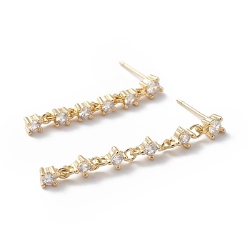 Clear Cubic Zirconia Tassel Dangle Stud Earrings, Brass Jewelry for Women, Cadmium Free & Lead Free, Real 18K Gold Plated, 28x3.5mm, Pin: 0.7mm