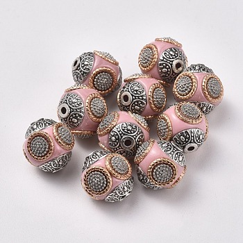Handmade Indonesia Beads, with Alloy Cores, Round, Antique Silver & Light Gold, Pink, 14~16x14~16mm, Hole: 1.5mm