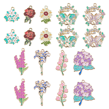 18Pcs 9 Styles Alloy Enamel Pendants, Flower Charms, Golden, Mixed Color, 17~34x13~28.4mm, 2pcs/style