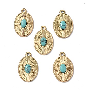 Vacuum Plating 201 Stainless Steel Synthetic Turquoise Pendants, Real 18K Gold Plated, Oval Charms, 21x14x3mm, Hole: 1.6mm