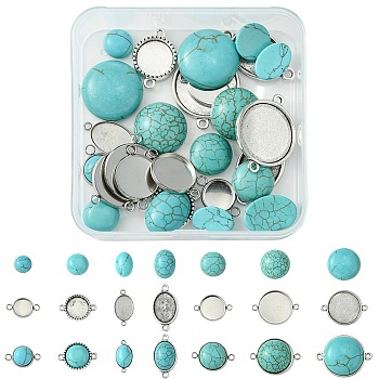 DIY Synthetic Turquoise Oval/Half Round Tibetan Style Alloy Connector Charms Making Kit, Antique Silver & Stainless Steel Color, Connector Settings: Tray: 10~20x10~20mm, 18.5~29.5x11~23x1.2~4mm, Hole: 2~2.2mm, 2pcs/style