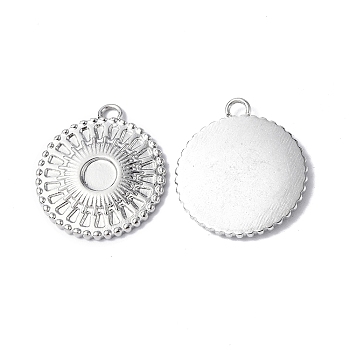 304 Stainless Steel Pendant Cabochon Settings, Flat Round with Sun Charm, Stainless Steel Color, Tray: 4mm, 18.5x16.5x1.8mm, Hole: 1.6mm