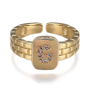 Brass Micro Pave Clear Cubic Zirconia Cuff Rings, Open Rings, Cadmium Free & Lead Free, Rectangle, Golden, Letter.G, US Size 6 1/4, Inner Diameter: 16.8mm