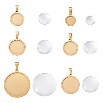 6Pcs 6 Styles 304 Stainless Steel Pendant Cabochon Settings, with 6Pcs 6 Styles Transparent Clear Glass Square Cabochons, Golden, Flat Round, Tray: 10mm, 1mm