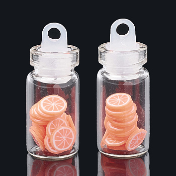 Handmade Polymer Clay Nail Art Decoration Accessories, with Glass Wishing Bottle and CCB Plastic Bottle Stopper, Grapefruit, Coral, 4~8x4~8x0.1~2mm, about bottle: 27.5x11mm, hole: 3mm