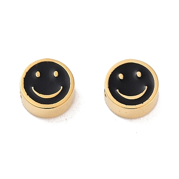 Ion Plating(IP) 304 Stainless Steel Enamel Beads, Flat Round with Smiling Face, Golden, Black, 5x2.5mm, Hole: 1.2mm