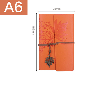 PU Leather Cover 6 Ring Binder Notebooks, Travel Journal, with String, Maple Leaf Pendants & Wood-free Paper, Rectangle, Coral, 185x122mm, A6, about 160 pages/book