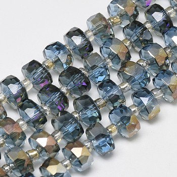 Electroplate Glass Beads Strands, Rainbow Plated, Faceted, Flat Round, Steel Blue, 10x6mm, Hole: 1.5mm, about 60pcs/strand, 18.9 inch