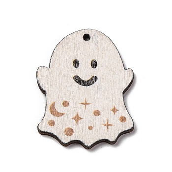 Single Face Printed Wood Pendants, Hallowmas's Day Charms, Ghost, 37.5x29x2.5mm, Hole: 1.7mm