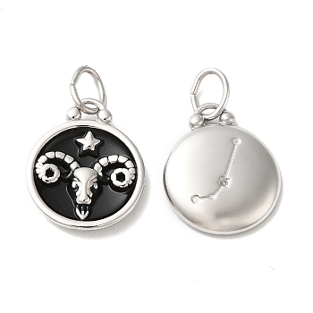 304 Stainless Steel Enamel Pendants, with Jump Ring, Flat Round with Constellation, Stainless Steel Color, Aries, 20.5x17x2.5~3.5mm, Hole: 4x6mm