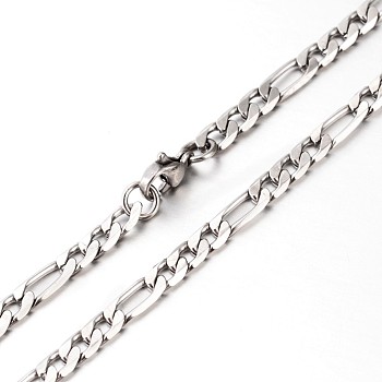 304 Stainless Steel Figaro Chains Necklaces, with Lobster Claw Clasps, Faceted, Stainless Steel Color, 23.6 inch(59.9cm)
