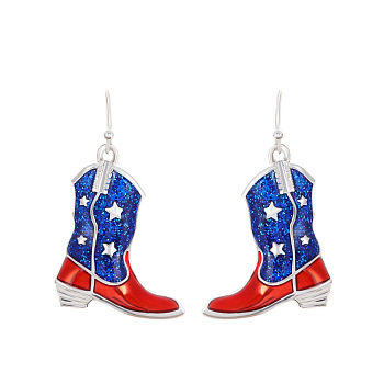 Alloy Enamel Dangle Earrings, Boot with Star Pattern, Platinum, Blue, 42x25mm