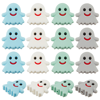 16Pcs 4 Colors Ghost Food Grade Silicone Beads, Chewing Beads For Teethers, DIY Nursing Necklaces Making, Mixed Color, 23.5x25x7.5mm, Hole: 2mm, 4pcs/color