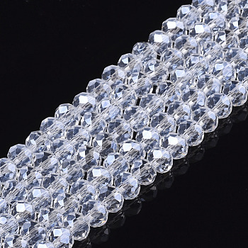 Electroplate Glass Beads Strands, Pearl Luster Plated, Faceted, Rondelle, Clear, 6x5mm, Hole: 1mm, about 85~88pcs/strand, 16.1~16.5 inch(41~42cm)