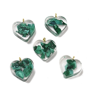 Transparent Resin Natural Malachite Jasper Dyed Chips Pendants, with Golden Tone Brass Loops, Heart Charm, Green, 16.5x15.5x6~6.5mm, Hole: 2mm