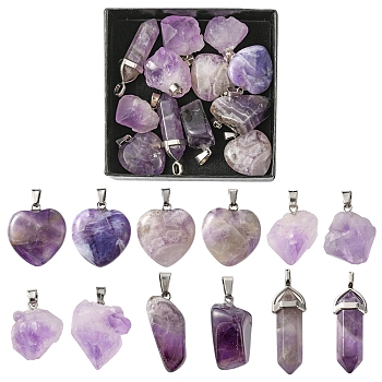 12Pcs 4 Styles Natural Amethyst Pendants, with Platinum Tone Brass Findings, Nuggets & Faceted Bullet & Heart, 15~40x10~20x5~16mm, Hole: 3~7mm