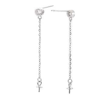 925 Sterling Silver Stud Earring Findings with Cubic Zirconia, for Half Drilled Beads, with S925 Stamp, Chain with Tray, Real Platinum Plated, 40x4x2mm, Pin: 0.7×12mm