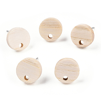 Ash Wood Stud Earring Findings, with 304 Stainless Steel Pin, Round, 20mm, Hole: 2.0mm, Pin: 0.7mm