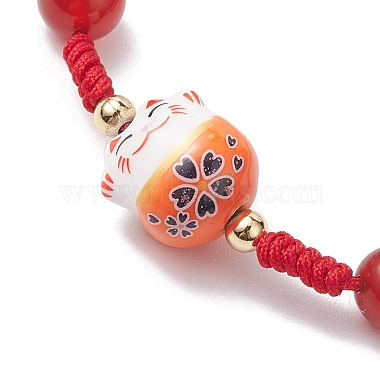 Fortune Cat Handmade Porcelain & Natural Carnelian & Acrylic Braided Bead Bracelets(BJEW-JB10504)-3