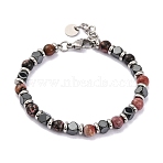 Natural Rhodochrosite & Synthetic Hematite Round Beaded Bracelet, 8-1/4 inch(21cm)(BJEW-P339-02P-09)