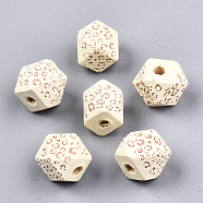 Painted Natural Wood Beads, Laser Engraved Pattern, Faceted, Polygon with Leopard Print, Light Yellow, 10x10x10mm, Hole: 2mm(WOOD-T021-51A-12)