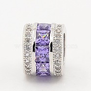 Medium Purple CZ Jewelry Findings Brass Micro Pave Cubic Zirconia Beads, Large Hole Column Beads, Grade AAA, Lead Free & Cadmium Free & Nickel Free, Platinum, 8x10x10mm, Hole: 6.5mm(ZIRC-M015-25P-NR)