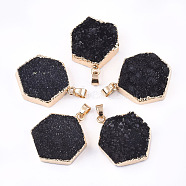 Electroplate Natural Druzy Agate Pendants, with Iron Findings, Dyed, Hexagon, Golden, Black, 32~36x24~27x8~15mm, Hole: 4.5x6.5mm(G-T112-21B)