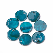 Freshwater Shell Pendants, Spray Painted, Flat Round, Teal, 16x1.5~2mm, Hole: 1mm(SHEL-T007-75A)