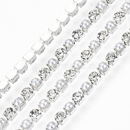 Brass Rhinestone Strass Chains, with ABS Plastic Imitation Pearl, Rhinestone Cup Chains, with Spool, Crystal, Silver, SS6.5(2~2.1mm), 2~2.1mm, about 10yards/roll(9.14m/roll)(CHC-T011-SS6.5-01S)