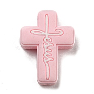Cross with Word Jesus Silicone Focal Beads, Chewing Beads For Teethers, DIY Nursing Necklaces Making, Pink, 30x22x8mm, Hole: 2mm(SIL-G006-01B)
