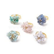 Natural Mixed Gemstone Chips Flower Adjustable Ring, Golden Brass Jewelry for Women, Inner Diameter: 18mm(RJEW-JR00556)