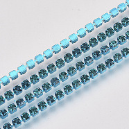 Electrophoresis Iron Rhinestone Strass Chains, Rhinestone Cup Chains, with Spool, Blue Zircon, SS12, 3~3.2mm, about 10yards/roll(CHC-Q009-SS12-B04)
