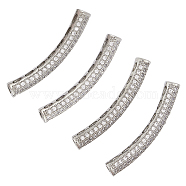 Brass Micro Pave Clear Cubic Zirconia Tube Beads, Tube, Curved, Platinum, 31x6.5x5mm, Hole: 2mm, 4pcs/box(ZIRC-UN0001-01P)