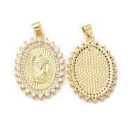 Rack Plating Brass Micro Pave Cubic Zirconia Charms, Cadmium Free & Lead Free, Real 18K Gold Plated, Long-Lasting Plated, Oval with Virgin Mary Pattern Charm, Clear, 30x21x2.5mm, Hole: 3.5x4.5mm(KK-G456-06G)